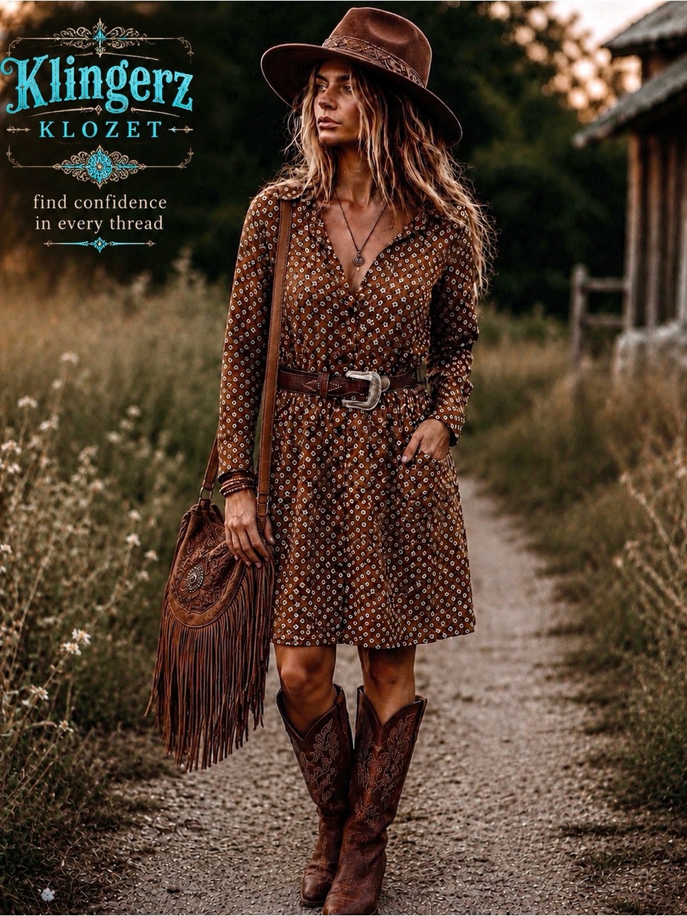 Elegant bohemian Brown Printed Long-Sleeve dress by Tahari